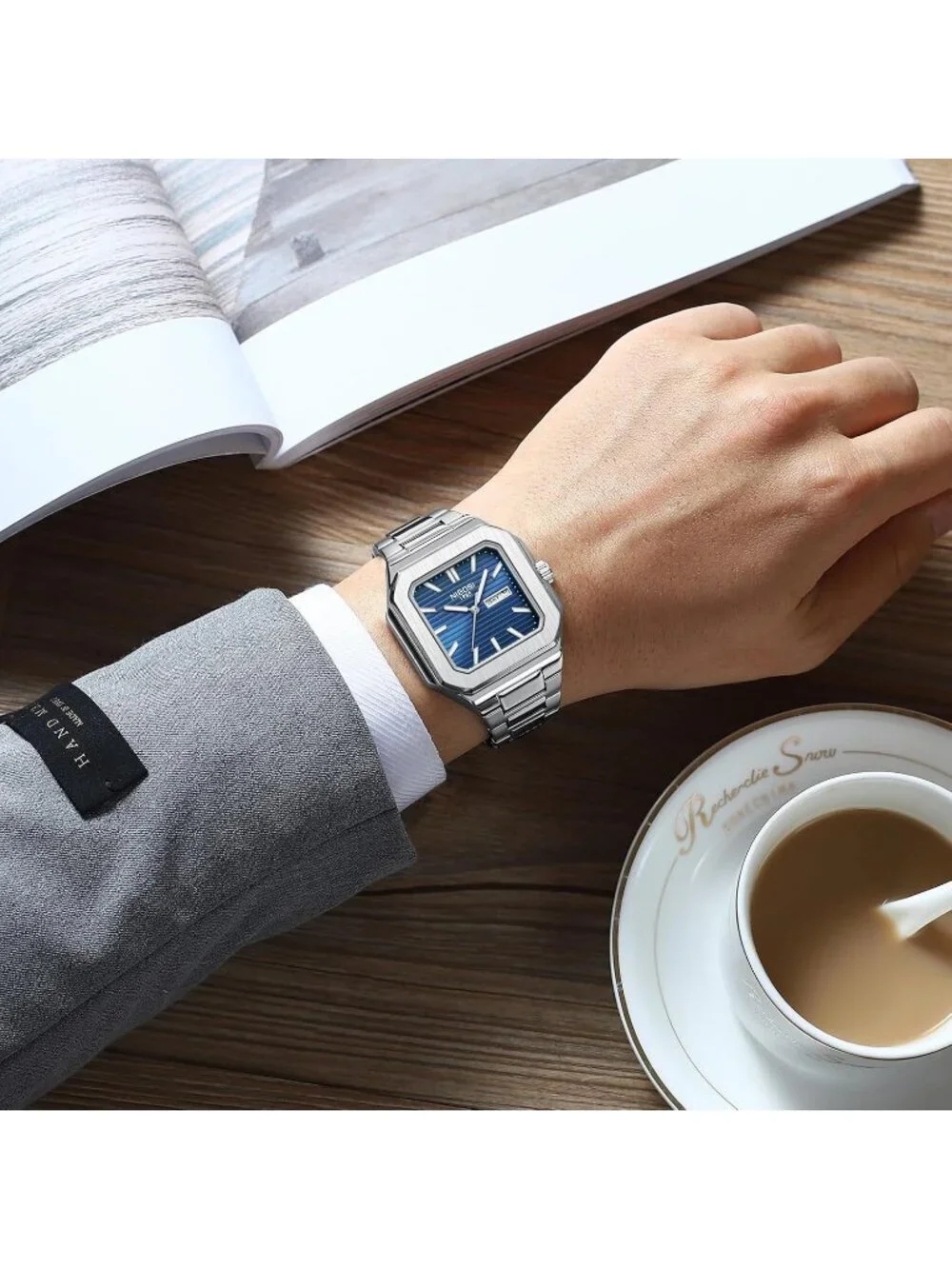 Nibosi Men's Silver Blue Analog Quartz Stainless Steel Waterproof Square Watch